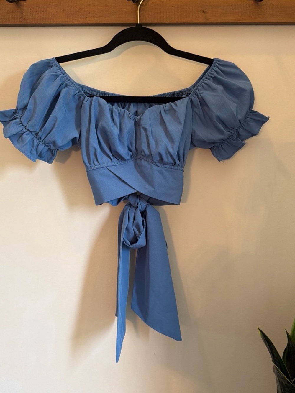 Blue Off-Shoulder Tie-Front Crop Top